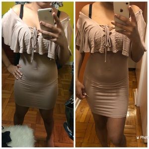 Beige lace up bodycon ruffle mini dress
